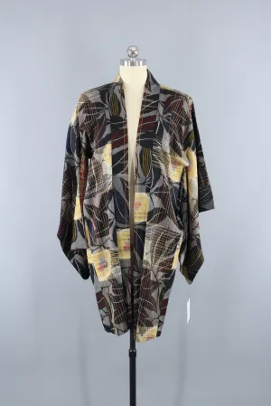 1920s Vintage Silk Haori Kimono Jacket Cardigan / Meisen Black Floral Ikat