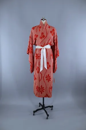 1920s Vintage Silk Kimono Robe / Red & White Shibori