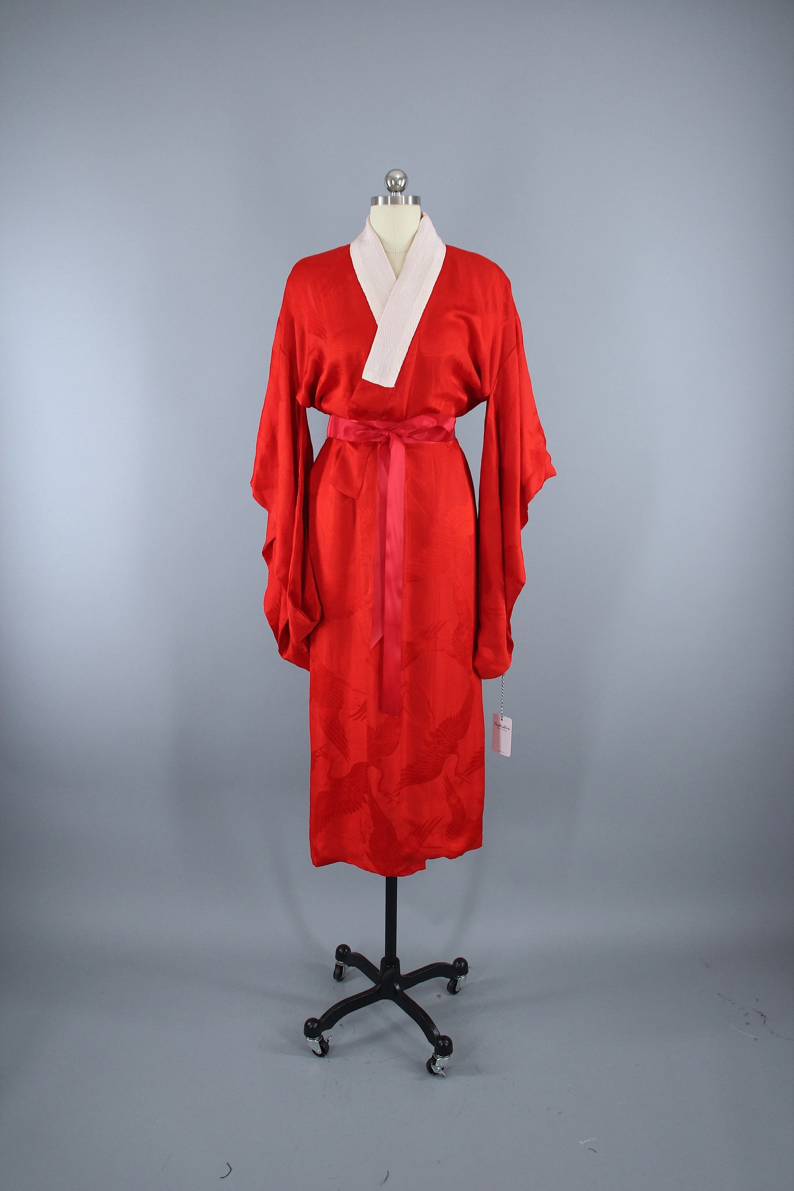 1920s Vintage Silk Kimono Robe / Red Flying Cranes