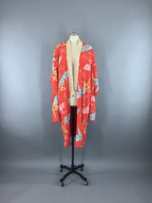 1920s Vintage Silk Kimono Robe with Origami Crane Birds Novelty Print