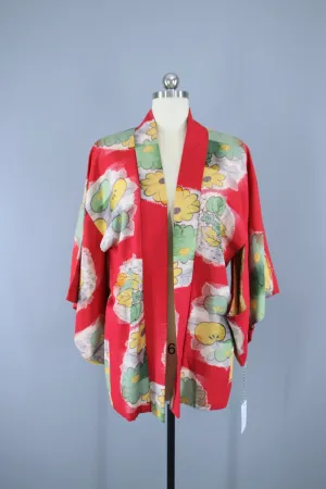 1930s Vintage Haori Kimono Jacket / Strawberry Pink & Yellow Floral