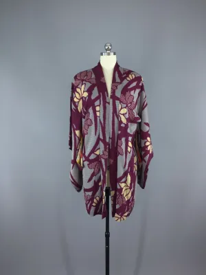 1930s Vintage Silk Haori Kimono Cardigan Jacket / Purple & Grey Floral Print