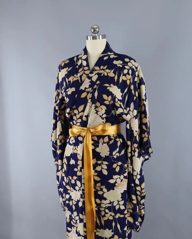 1930s Vintage Silk Kimono Robe / Dark Blue Peony Floral Print