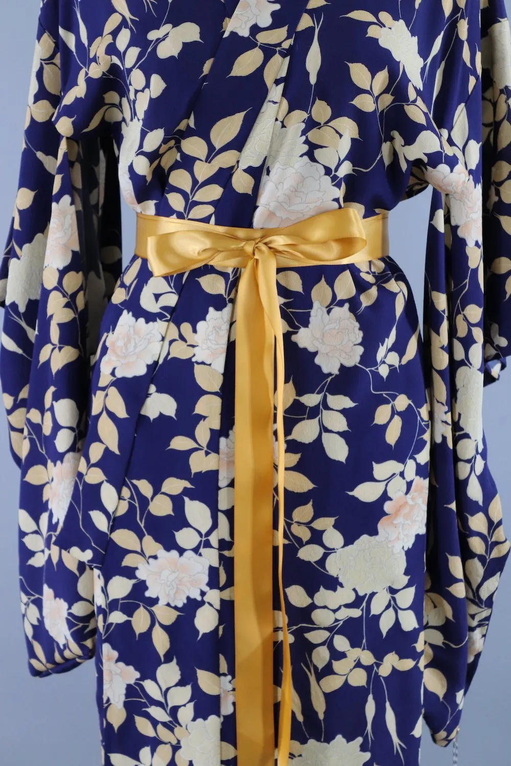 1930s Vintage Silk Kimono Robe / Dark Blue Peony Floral Print