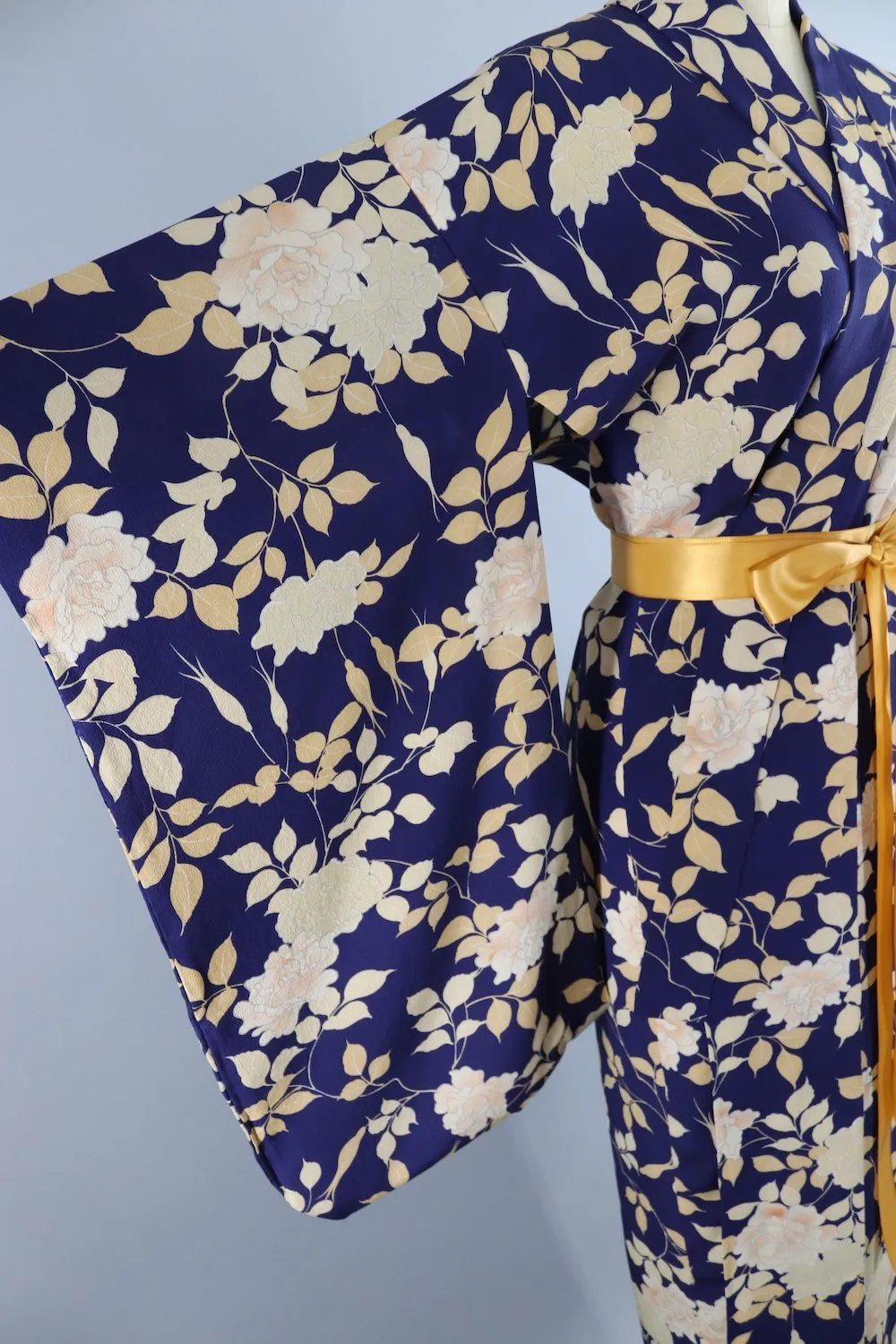 1930s Vintage Silk Kimono Robe / Dark Blue Peony Floral Print