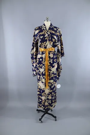 1930s Vintage Silk Kimono Robe / Dark Blue Peony Floral Print