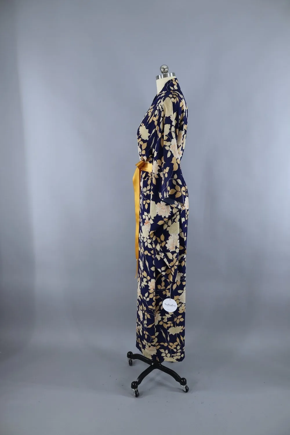 1930s Vintage Silk Kimono Robe / Dark Blue Peony Floral Print