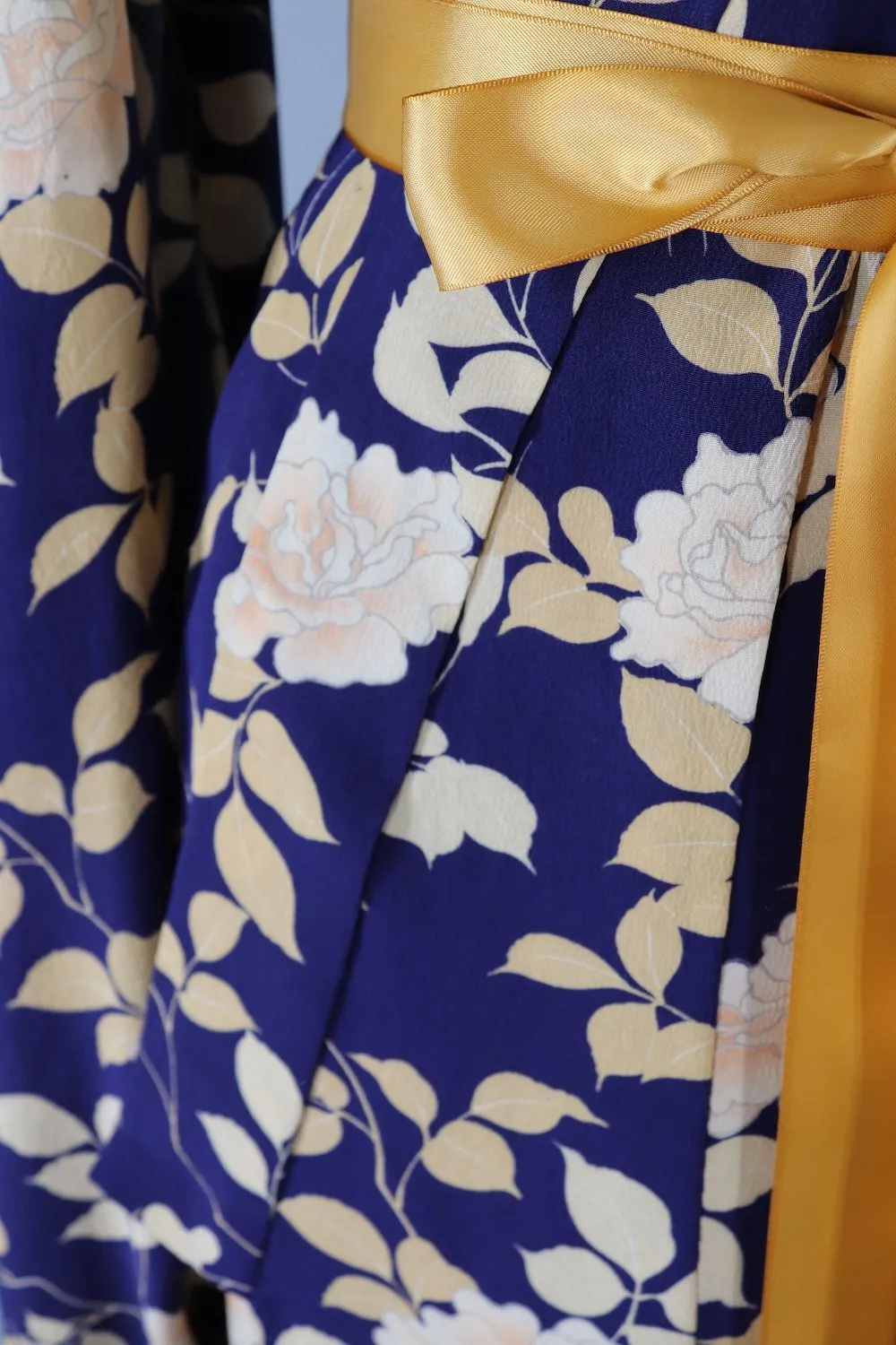 1930s Vintage Silk Kimono Robe / Dark Blue Peony Floral Print