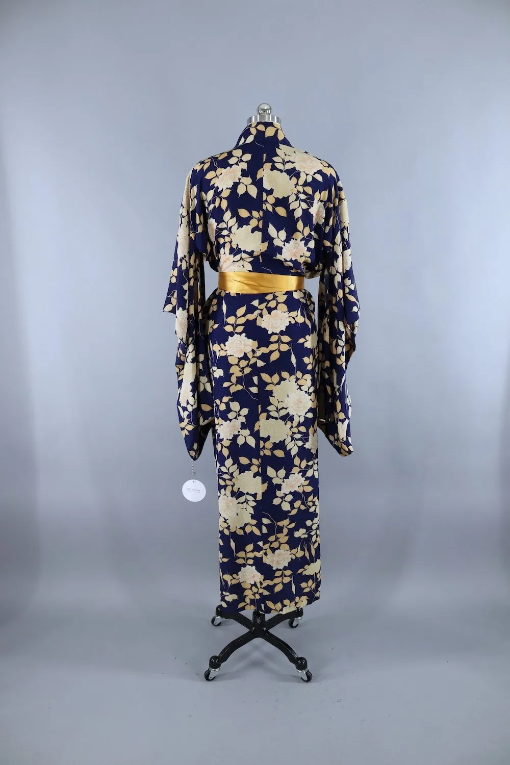 1930s Vintage Silk Kimono Robe / Dark Blue Peony Floral Print