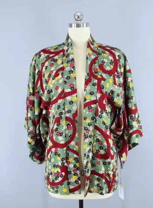 1940s Vintage Silk Haori Kimono Jacket Cardigan in Green & Red Floral Print