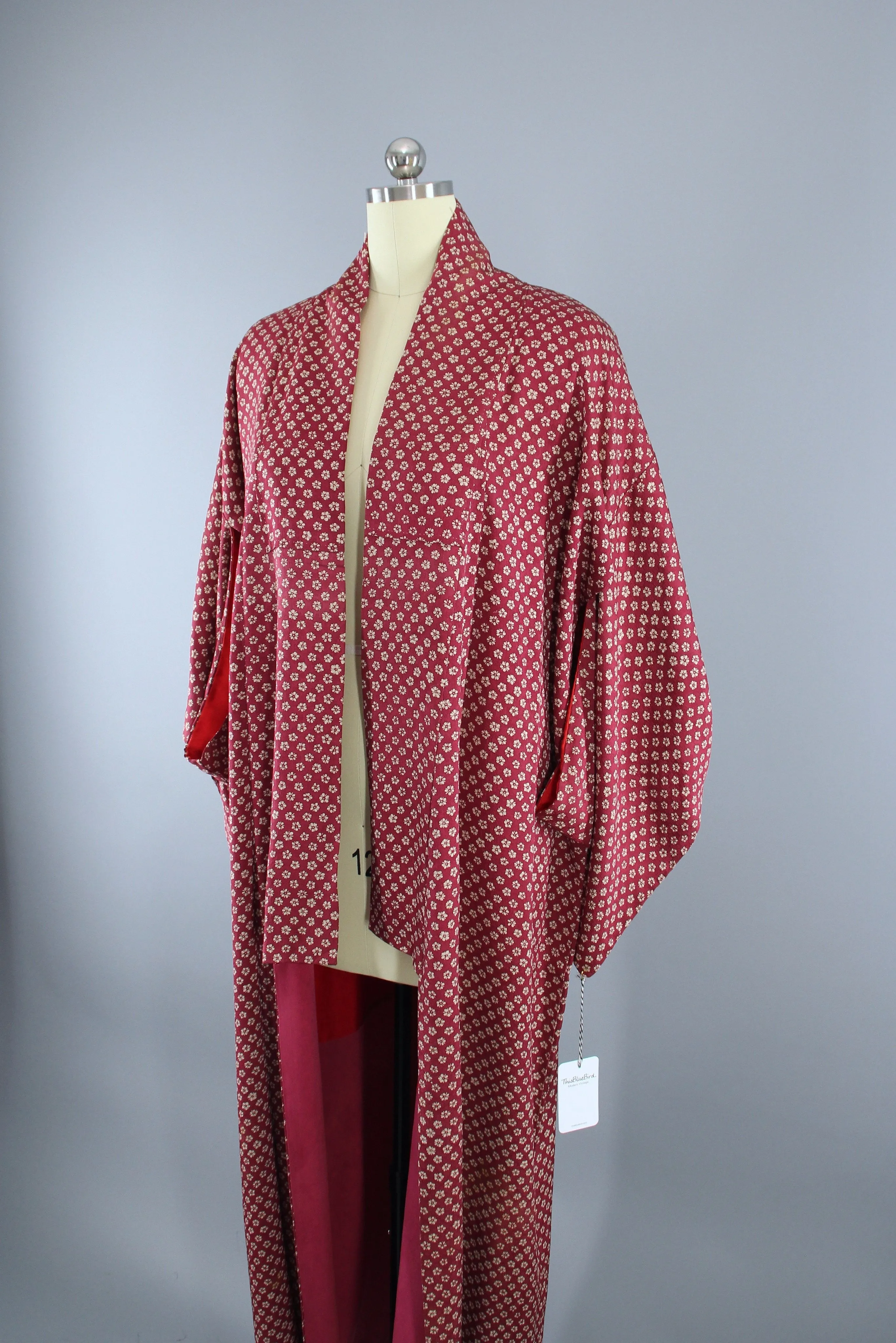 1940s Vintage Silk Kimono Robe / Cranberry Red Floral Print