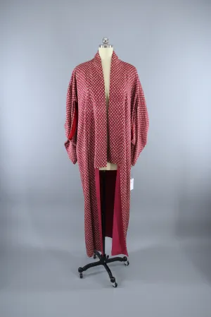 1940s Vintage Silk Kimono Robe / Cranberry Red Floral Print