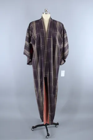 1940s Vintage Silk Kimono Robe / Purple Grey Plaid