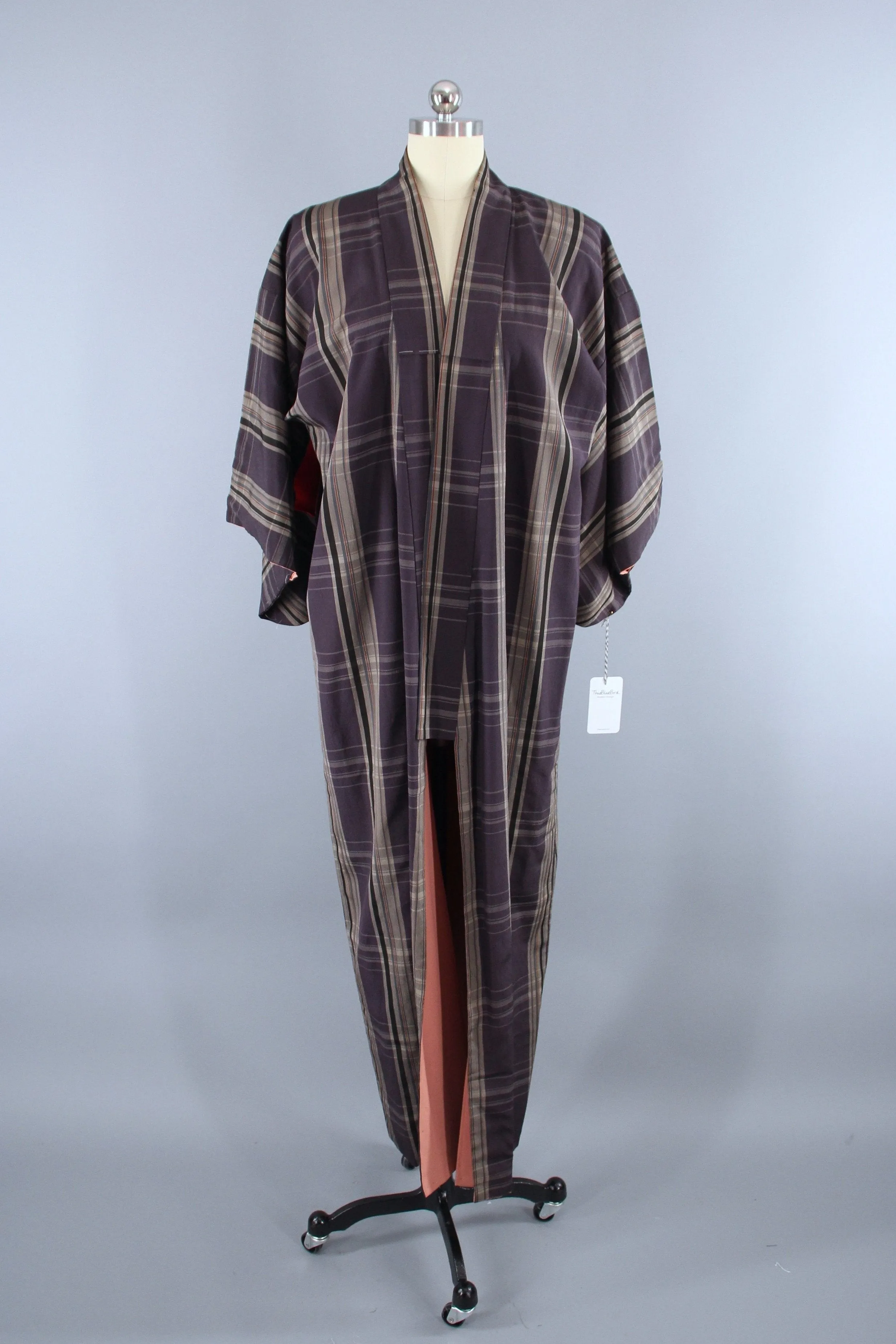 1940s Vintage Silk Kimono Robe / Purple Grey Plaid