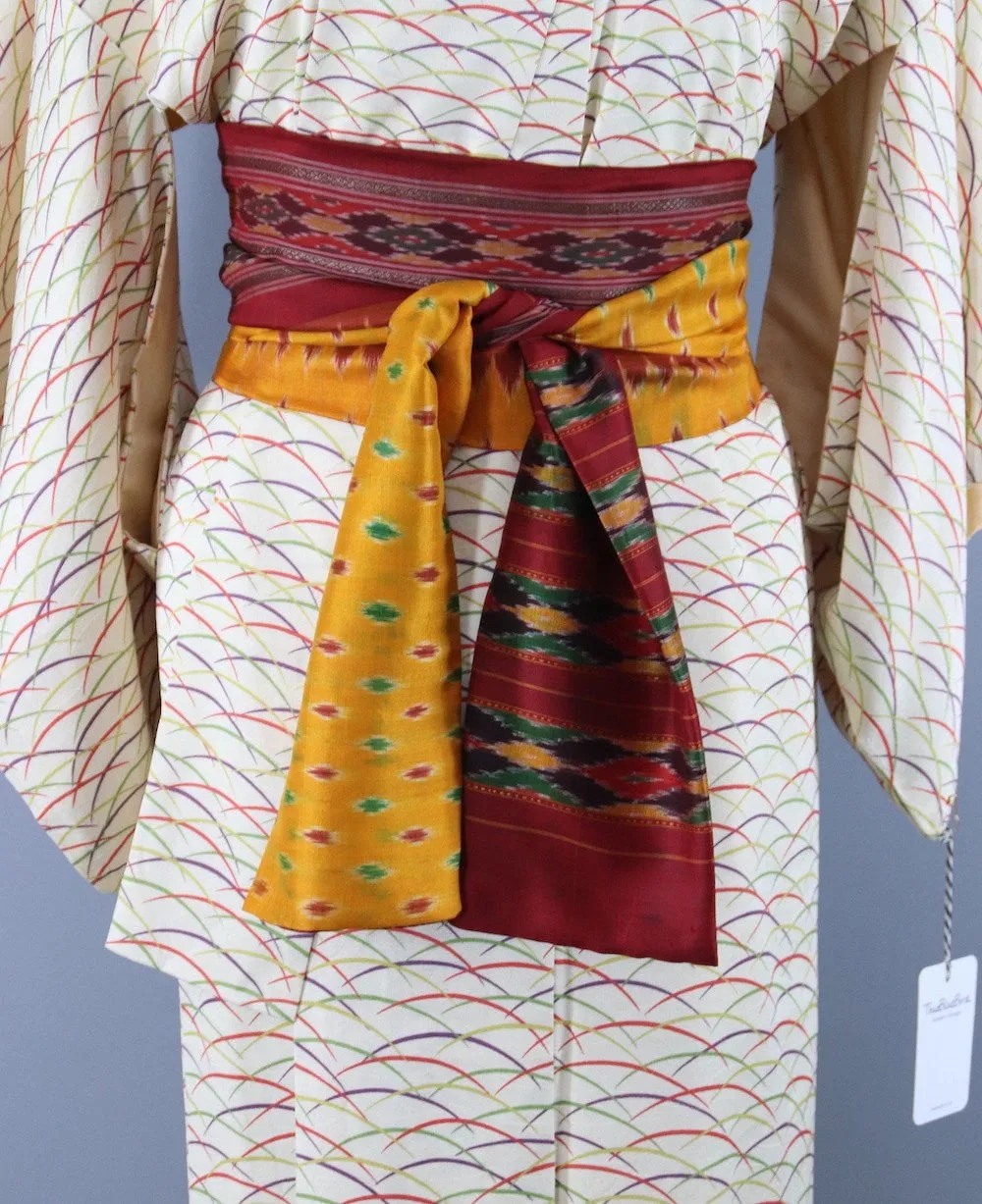 1960s Vintage Silk Kimono Robe / Ivory Rainbow Abstract