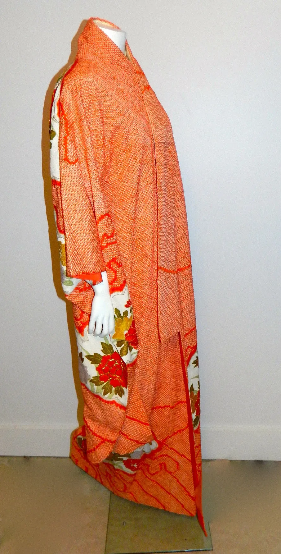 antique Japanese orange Shibori silk kimono / gold floral embroidery / formal full length jacket