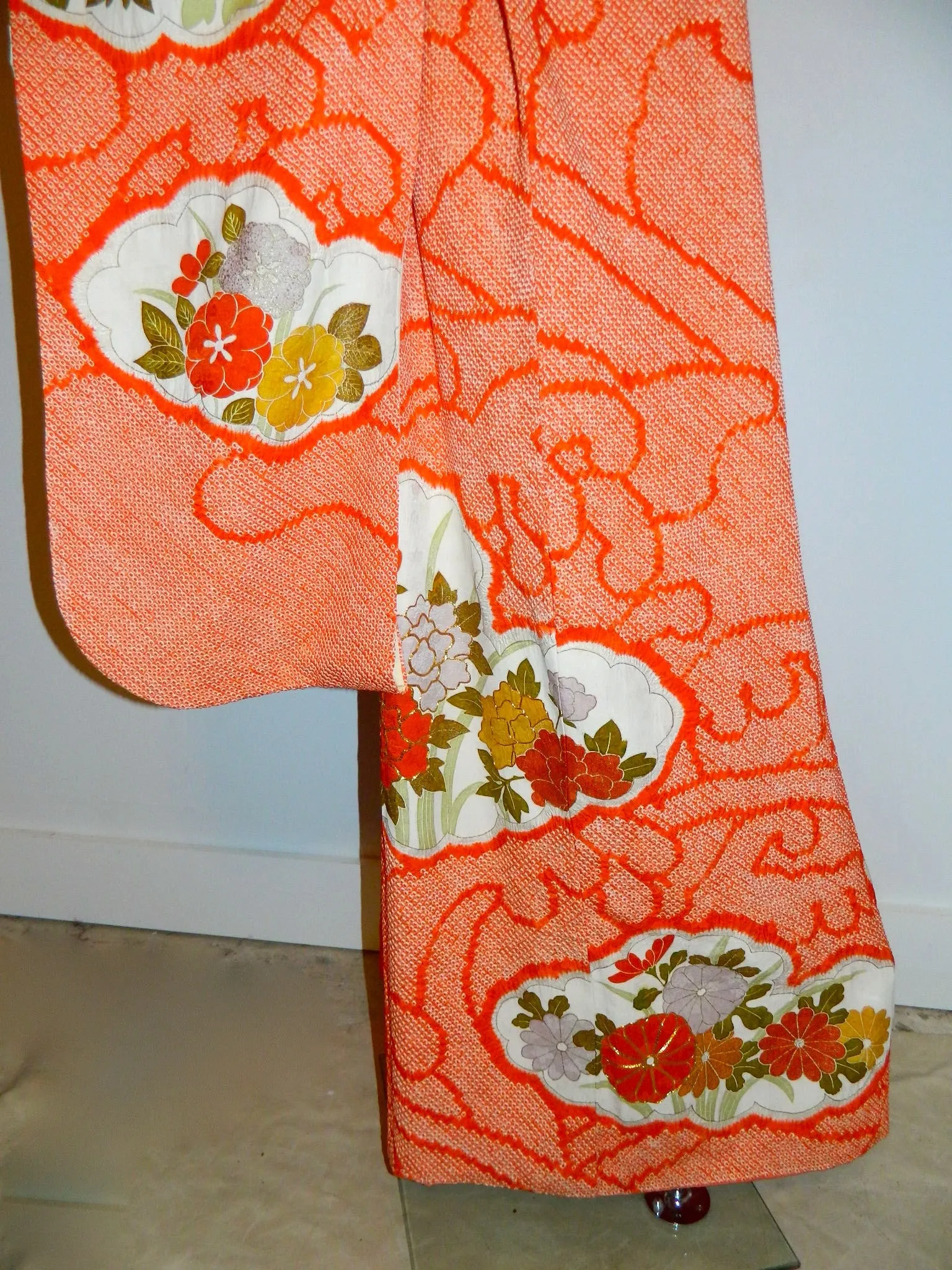 antique Japanese orange Shibori silk kimono / gold floral embroidery / formal full length jacket