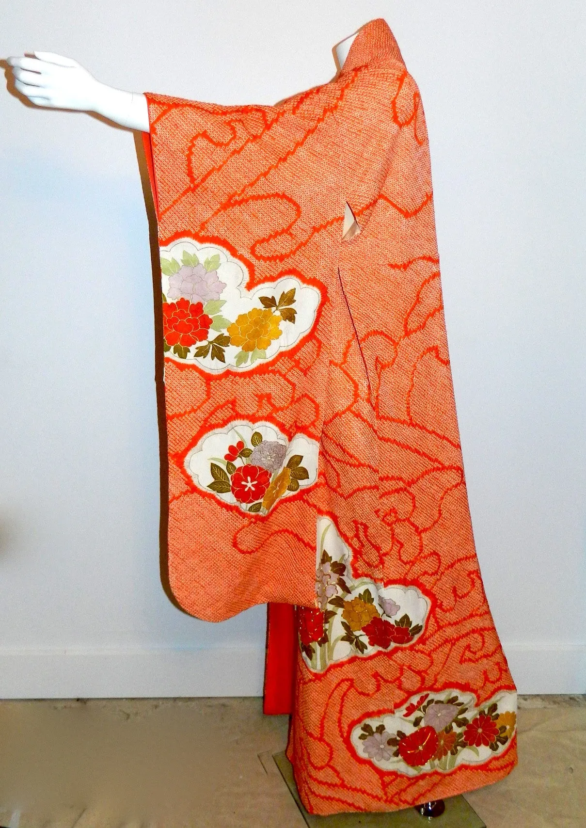 antique Japanese orange Shibori silk kimono / gold floral embroidery / formal full length jacket