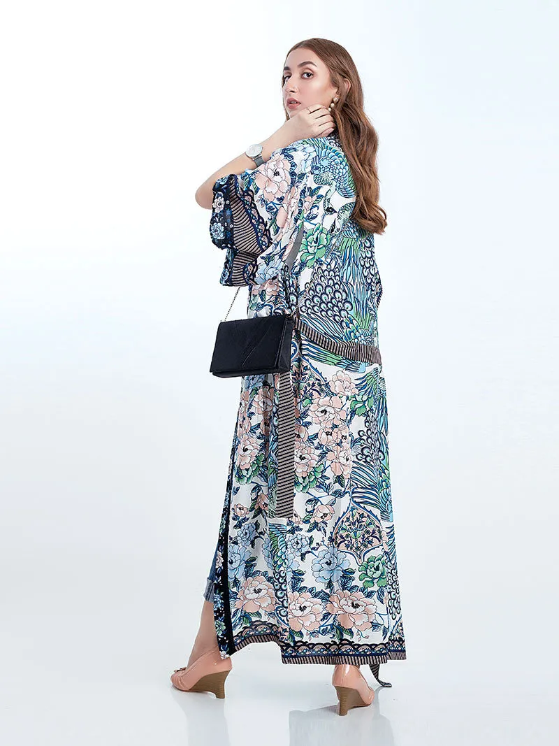 Beachwear Cotton Long Length Floral With Birds Print Blue, White & Green Color Gown Kimono Duster Robe