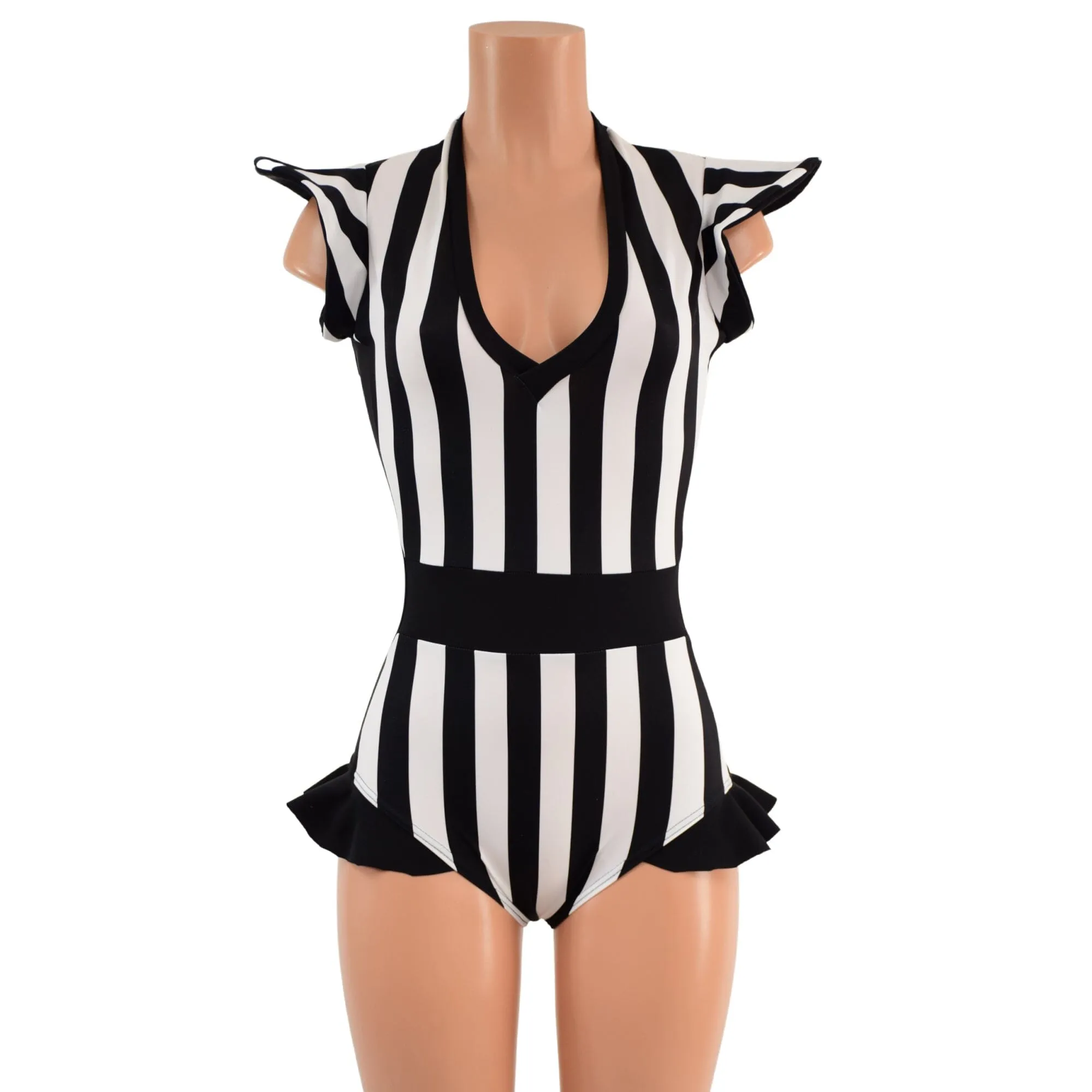 Black and White Striped Flip Sleeve Paneled Romper