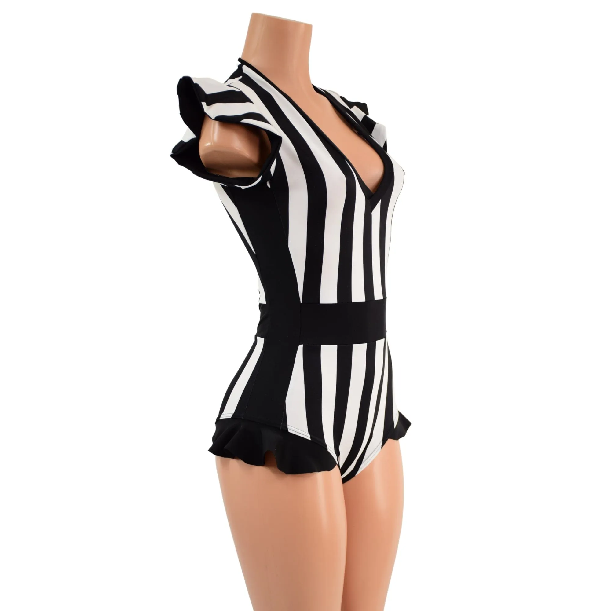 Black and White Striped Flip Sleeve Paneled Romper