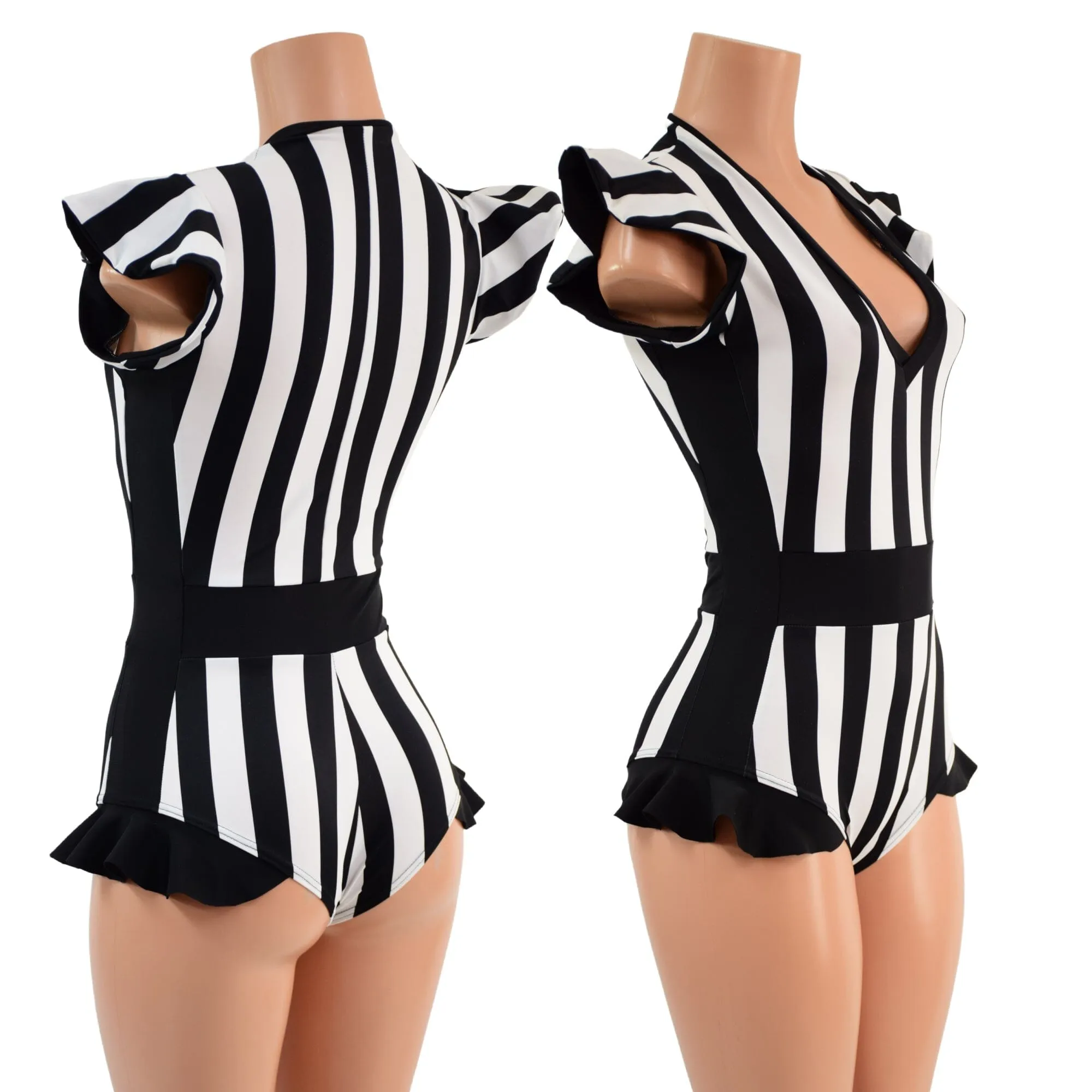 Black and White Striped Flip Sleeve Paneled Romper