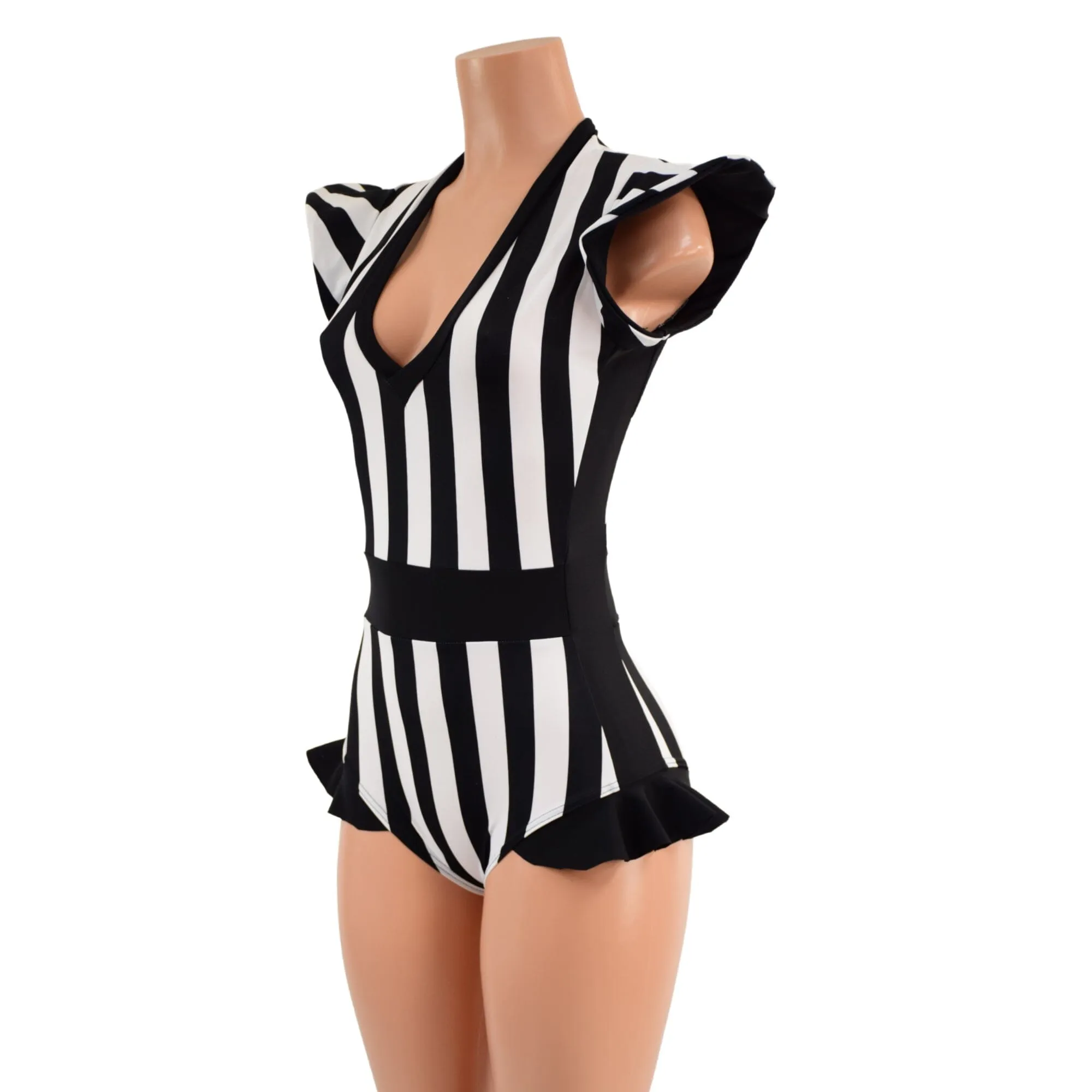 Black and White Striped Flip Sleeve Paneled Romper