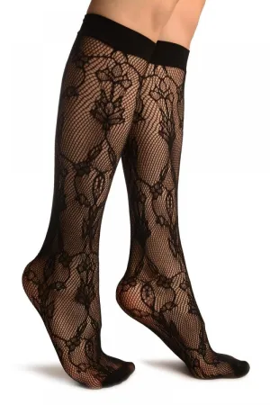 Black Bell Flowers Lace Socks Knee High