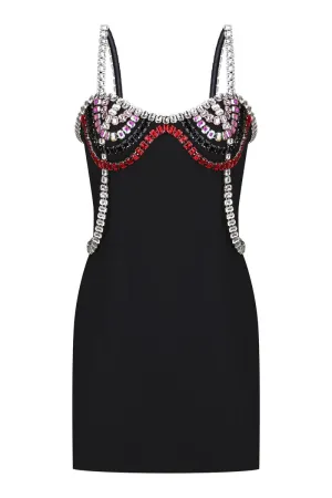 BLACK GEMSTONE EMBELLISHED MINI DRESS