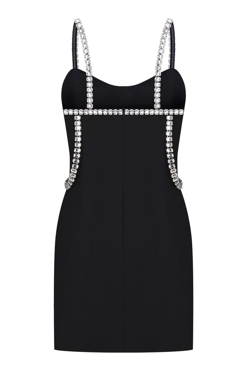 BLACK GEMSTONE EMBELLISHED MINI DRESS