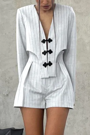 Casual British Style Striped Buttons Asymmetrical V Neck Long Sleeve Two Pieces