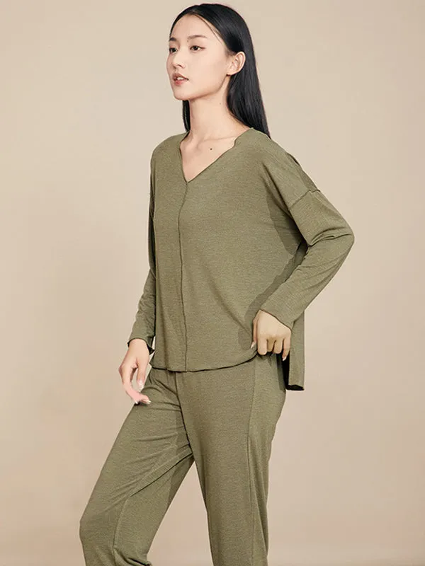 Casual High-Low Solid Color V-Neck Pajama Set