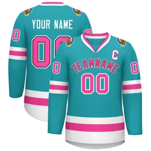 Custom Aqua Pink Navy-White Classic Style Hockey Jersey