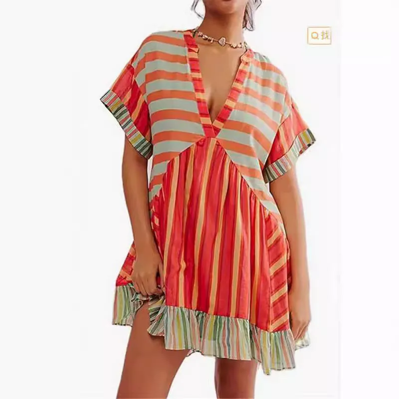 DEANWAQNGKT  Cross-Border European and American Independent Station Spring and Summer Women's Clothing Multi-Color Printed Striped Short Sleeve V-neck Dress