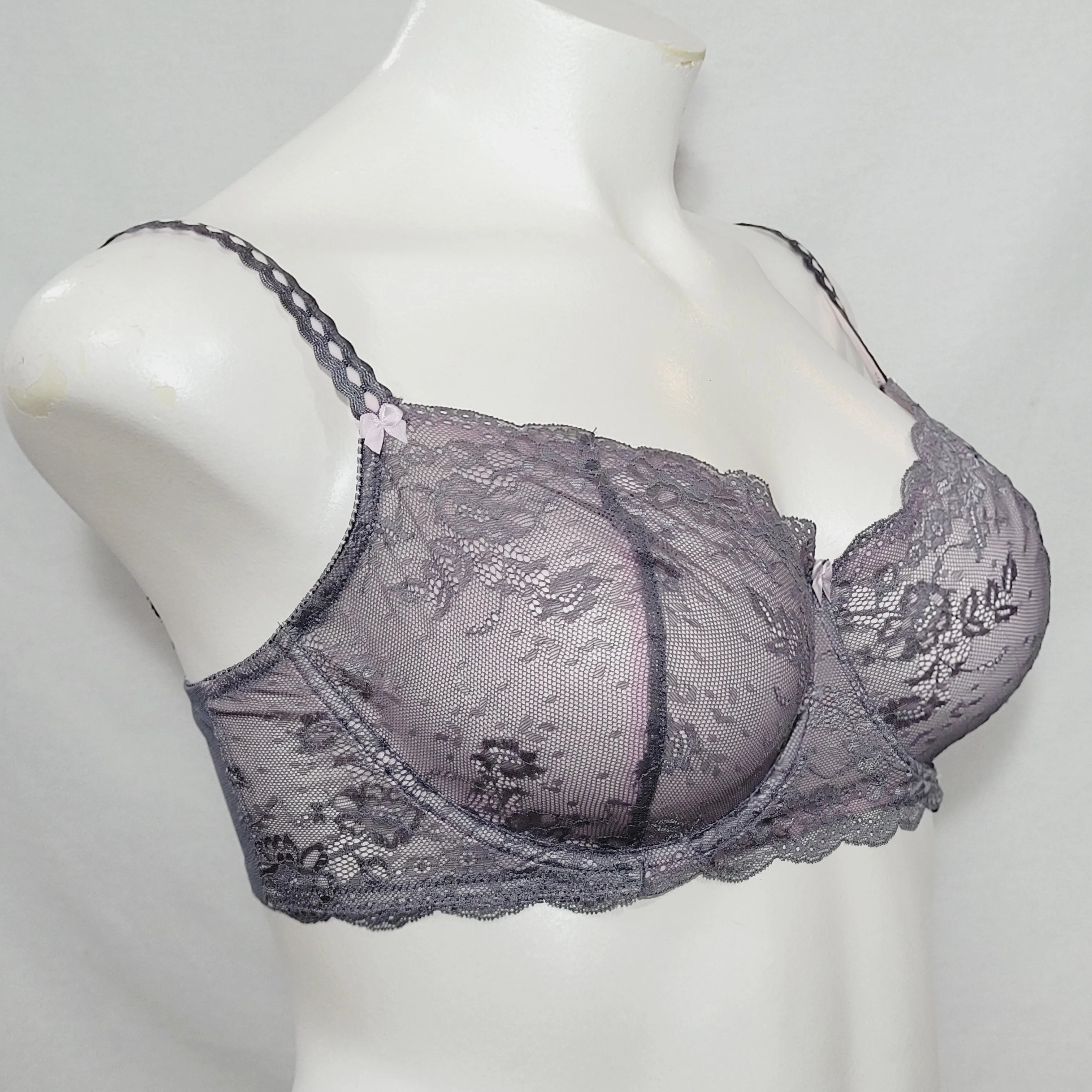 Felina 5894 Harlow Sheer Lace Full Busted Demi Underwire Bra 34C Excalibur Gray