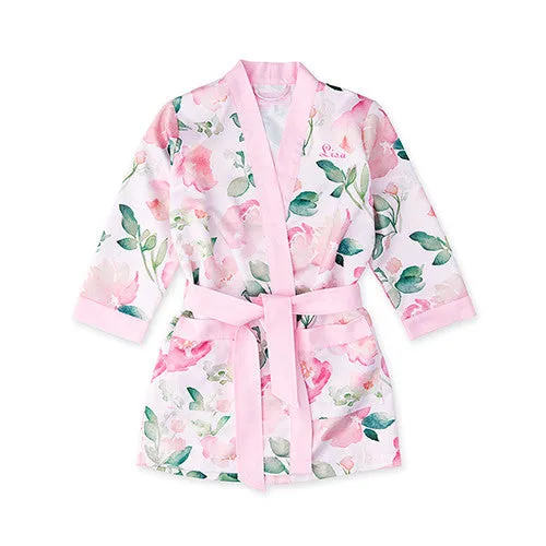 Flower Girl Pink Floral Silky Kimono Robe with Pink Trim