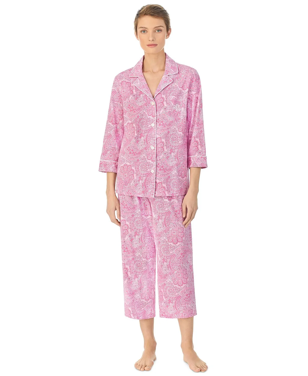 Lauren Ralph Lauren Women's Cotton 3/4 Sleeve Capri Neck Pajama Set