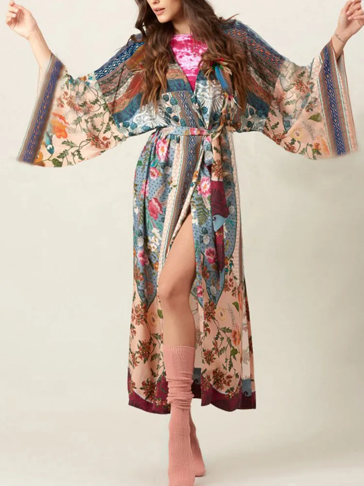 Printed Multicolor Cotton Long Length Gown Kimono Duster Robe