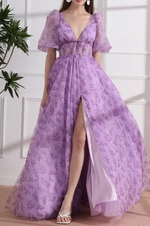 Puff Sleeves V Neck Lavender Floral Print Tulle Dress