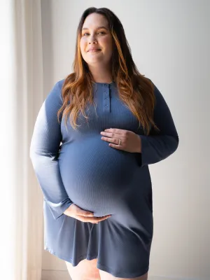 Riley Ribbed Bamboo Maternity & Nursing Nightgown | Slate Blue