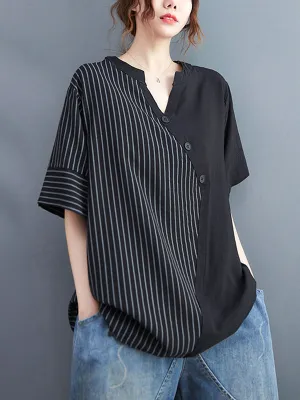 Simple Loose Asymmetric Striped V-Neck Blouse