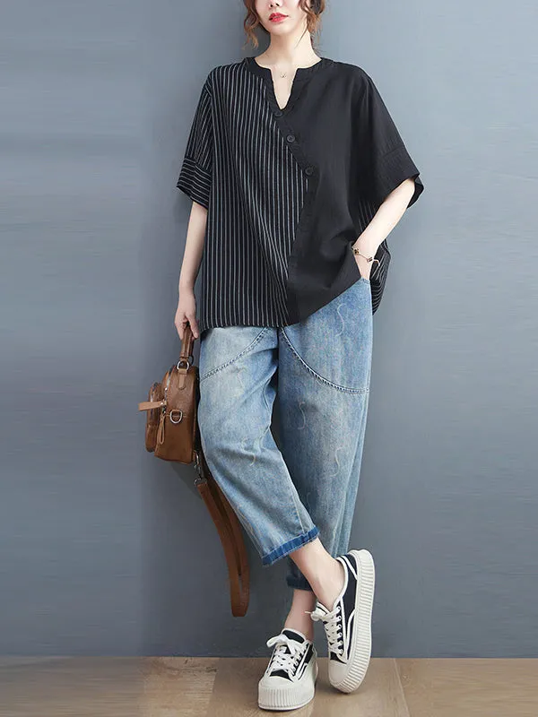 Simple Loose Asymmetric Striped V-Neck Blouse