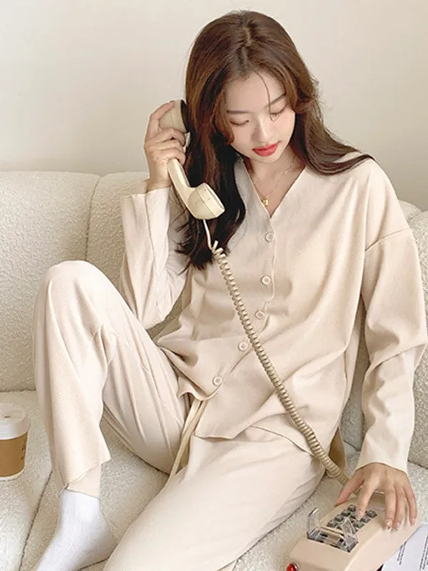 Solid Color Long Sleeves V-Neck Cardigan Tops & Pants Pajamas Set