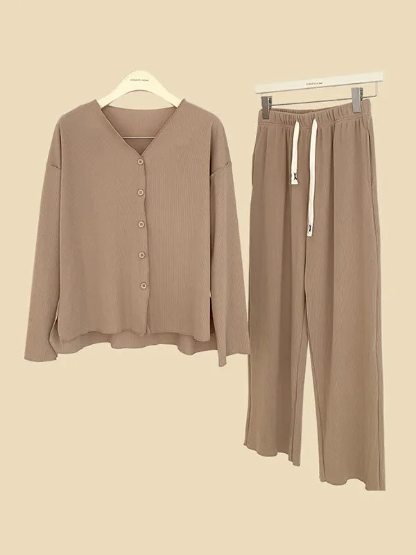 Solid Color Long Sleeves V-Neck Cardigan Tops & Pants Pajamas Set