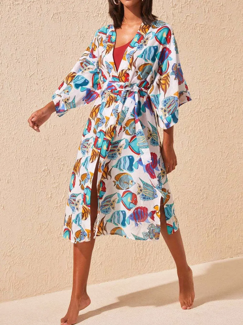 Swimwear Birds, Fish With Leaf Print Blue Color Cotton Long Length Gown Kimono