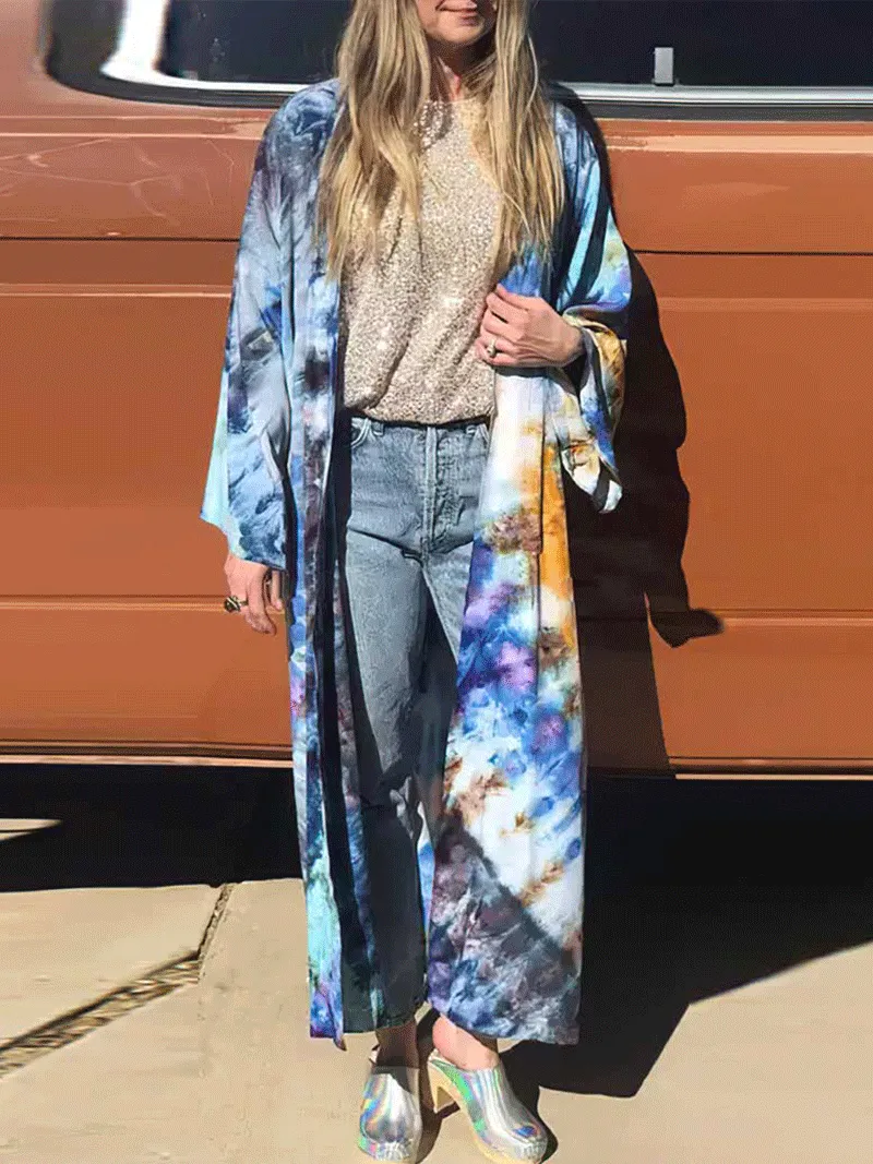 Tie-Dye Print Multicolor Polyester Long Length Gown Kimono Duster Robe