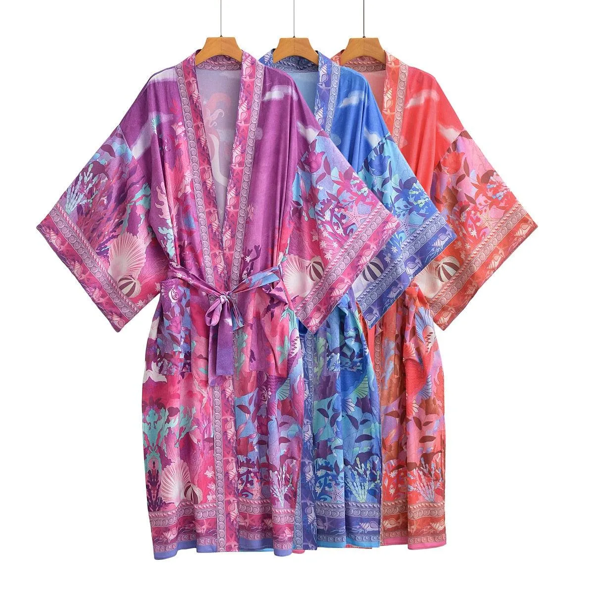 Vintage Chic Mermaid Kimono Beach Cover Ups Floral Print Batwing Sleeve Kimono Robe, Bohemian Bikini Cover Up Kimono