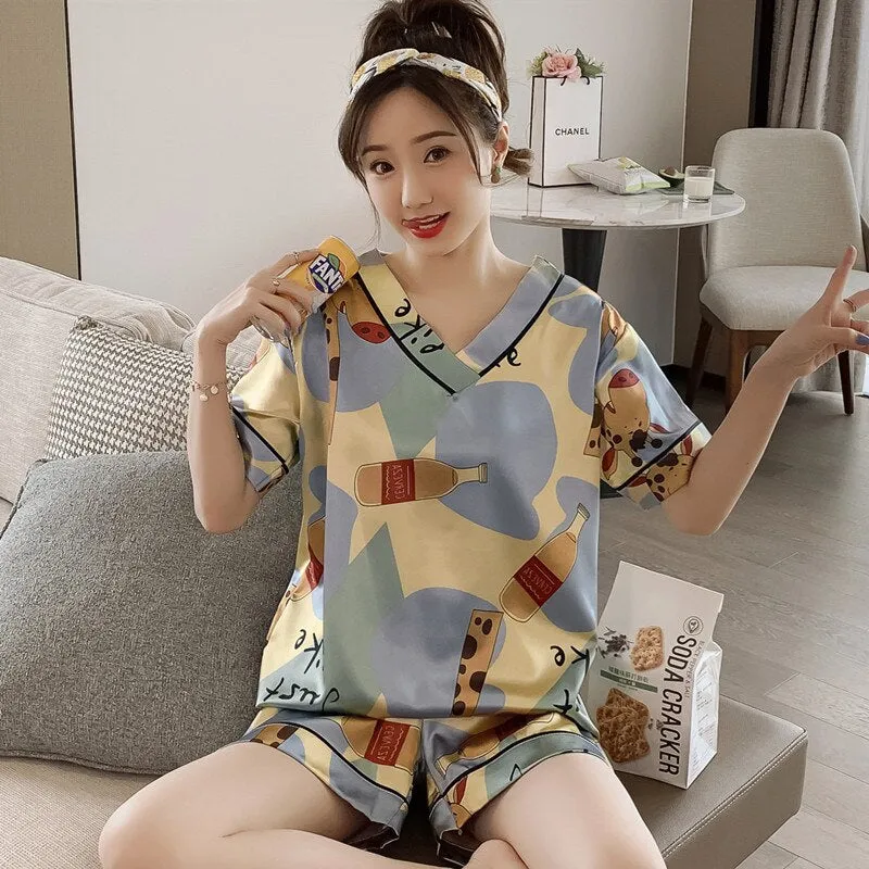 Wenkouban Pajamas Women's Summer Silk V-Neck Short-Sleeved Two-Piece Suit Students Sweet And Cute Ice Silk Home Clothes Women