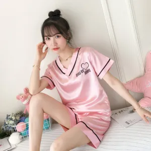 Wenkouban Pajamas Women's Summer Silk V-Neck Short-Sleeved Two-Piece Suit Students Sweet And Cute Ice Silk Home Clothes Women